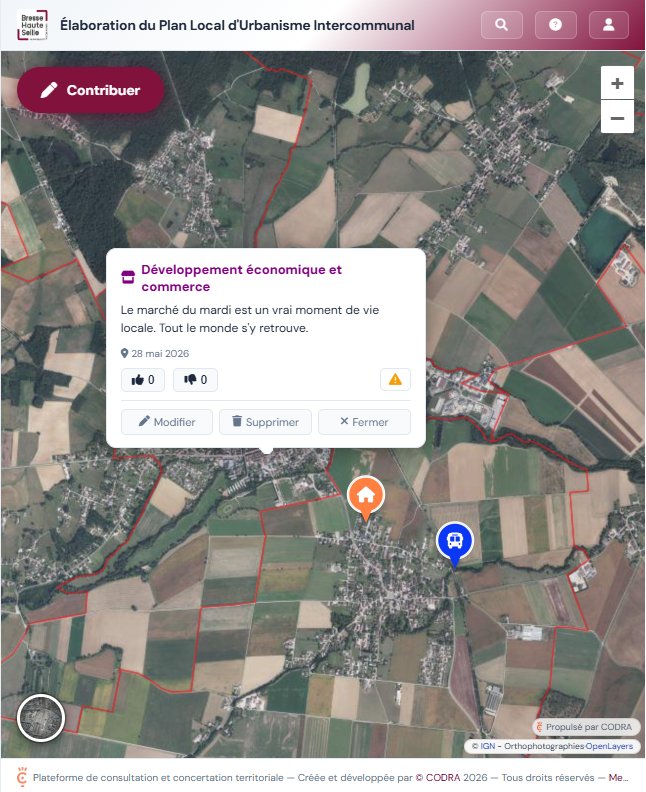 Extension Concertation de pluiAssist : contribution géolocalisée d'un habitant avec votes et modération