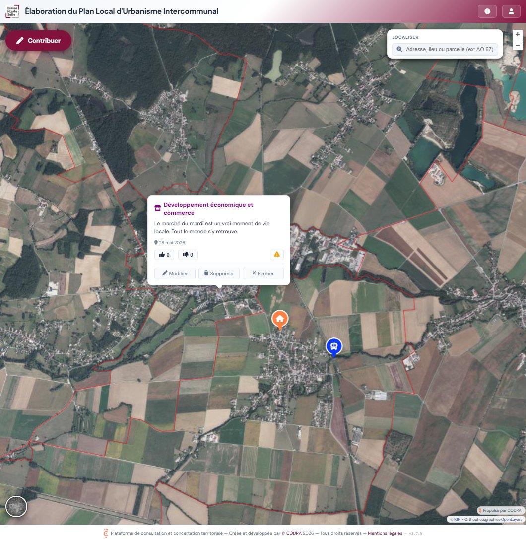 Mode Concertation de pluiAssist : fiche de contribution géolocalisée avec votes et modération
